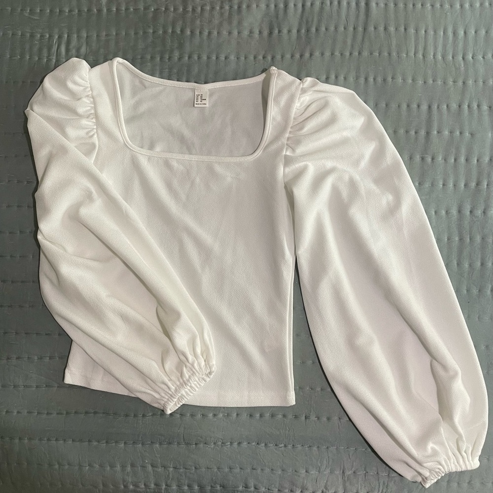 White Balloon Sleeve Square Neck Blouse Size XS NWOT
